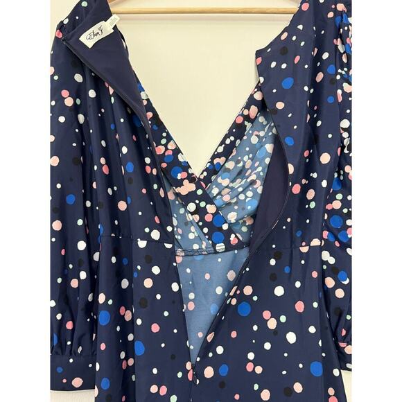 ELIZA J Navy Blue Polka Dotted Pink Faux Wrap Midi Dress V-Neck Size 10 Retro - Picture 12 of 14
